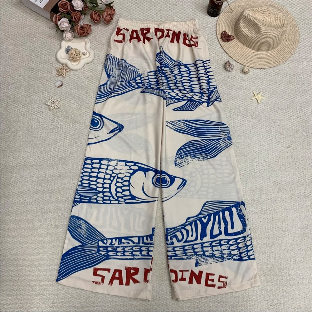 Wide Leg Cream Pants with Blue Fish Print - Picture 2 of 3